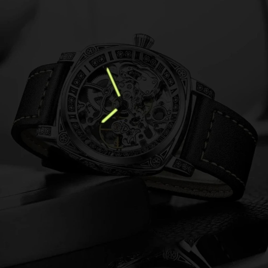 Montre Squelette Automatique Boîtier Carré - Cuir