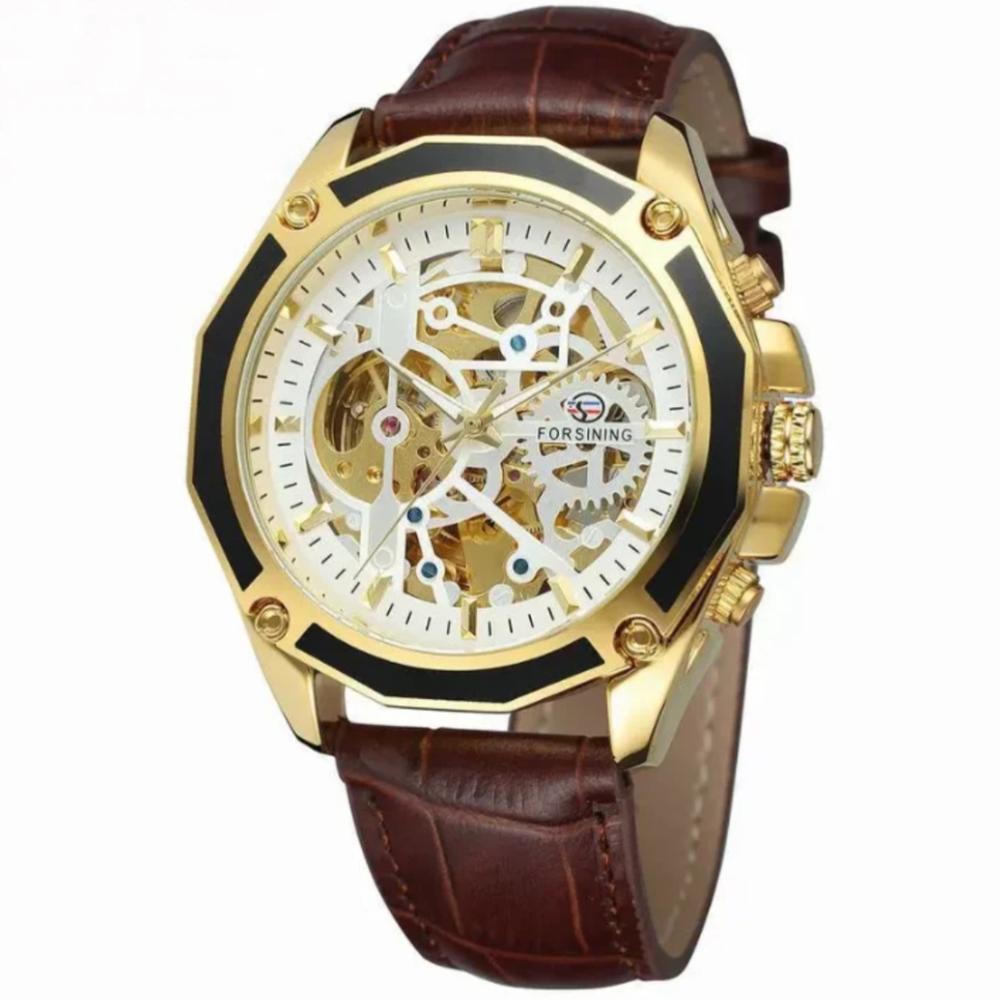 Montre automatique squelette Forsining dorée, cadran ajouré, bracelet cuir marron façon croco