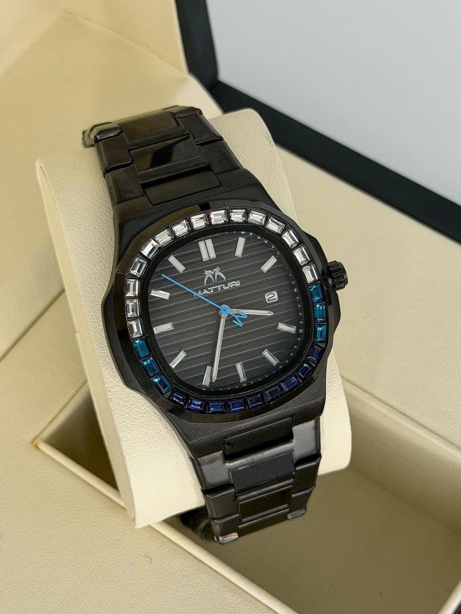Montre Matturi homme à lunette de cristaux, bracelet métal, dans son écrin – photo 1