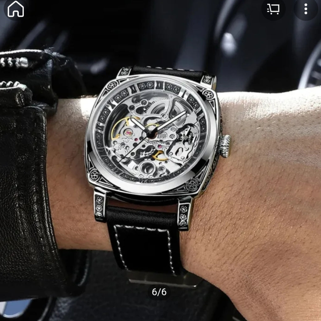 Montre Squelette Automatique Boîtier Carré - Cuir pour homme – vue 4