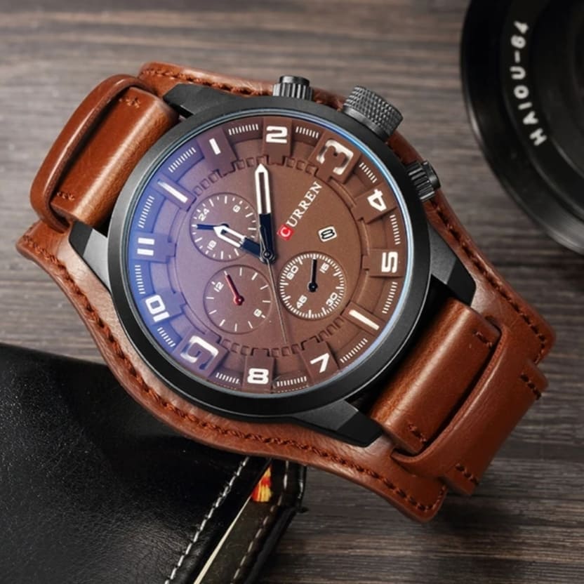 Montre Curren chronographe cuir marron, cadran dégradé gris-brun - vue de face