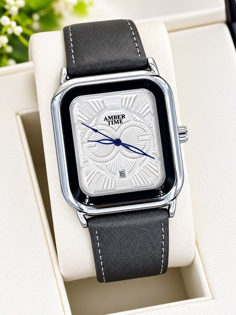 Montre homme rectangulaire Amber Time, cadran texturé avec date et bracelet cuir – vue 4