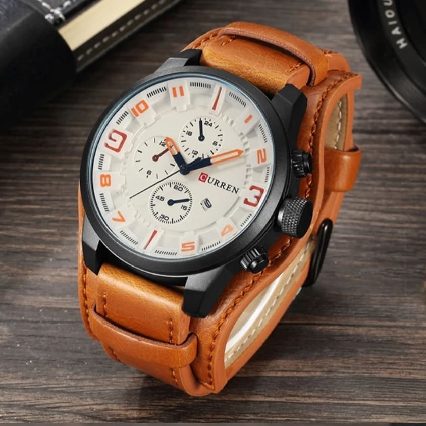 Bracelet en cuir véritable marron style militaire de la montre Curren